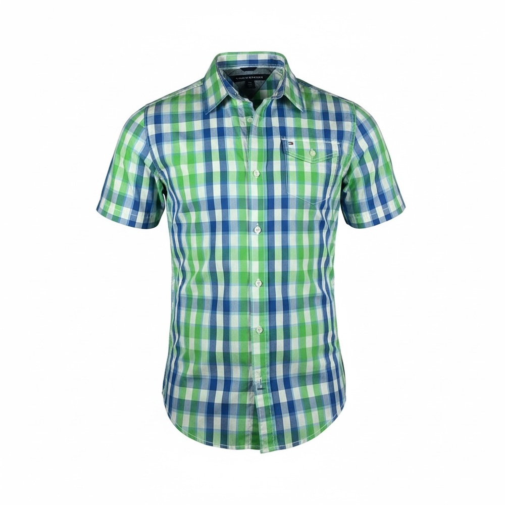 Tommy Hilfiger Boys Green & Blue Plaid Short-Sleeve Shirt